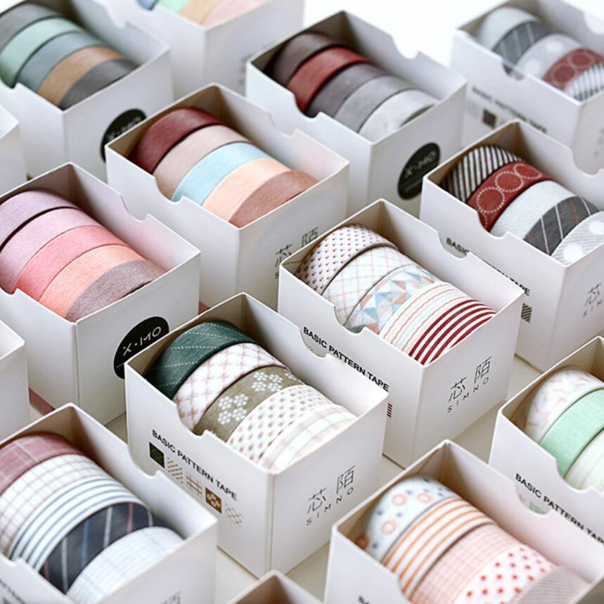 5 Pcs/pack Striped/Grid/Flowers Basic Solid Color Paper Washi Tape