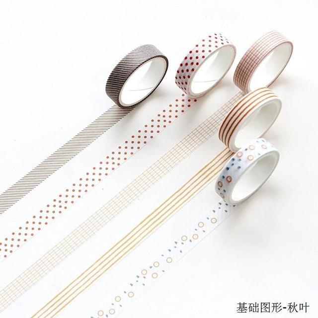 5 Pcs/pack Striped/Grid/Flowers Basic Solid Color Paper Washi Tape